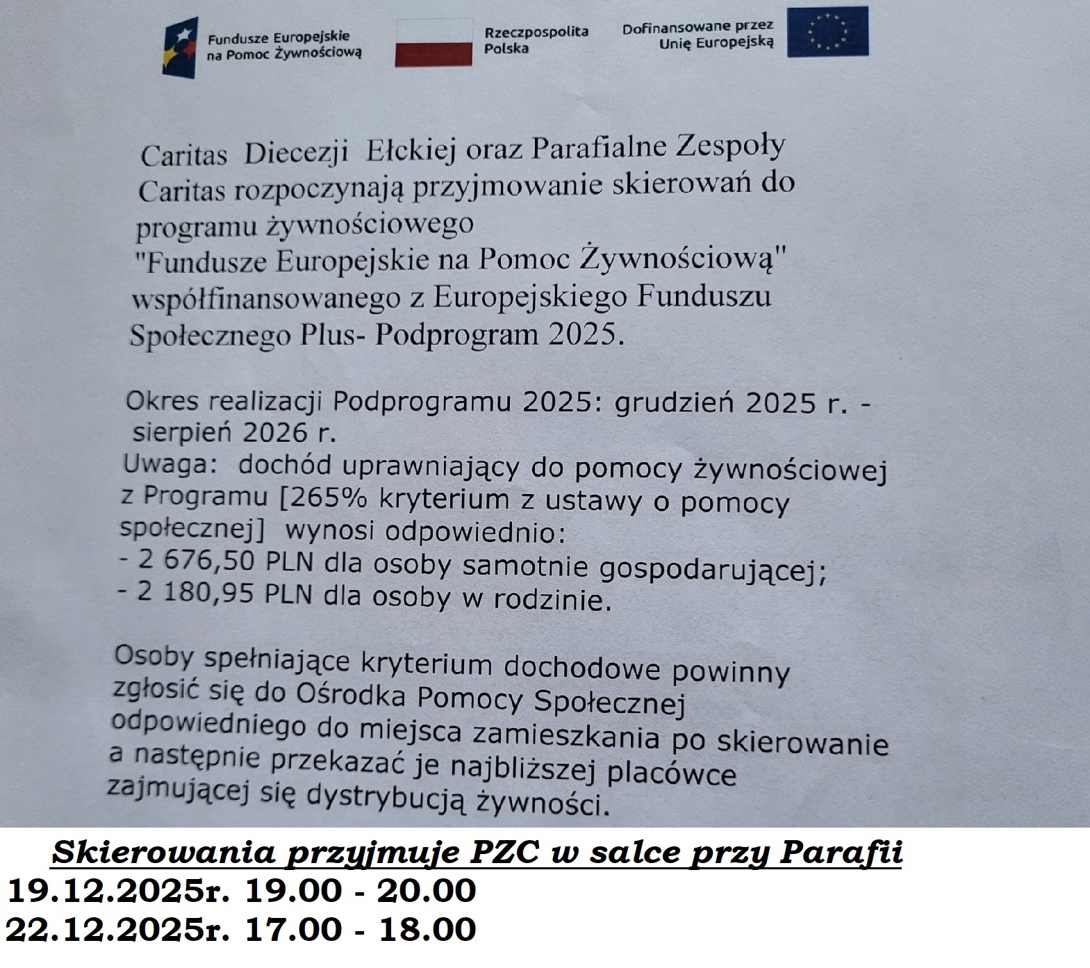 Przyjmowanie skierowań do programu żywnościowego